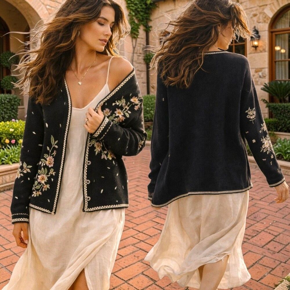 Vtg 90s Tiara Black Cardigan Sweater M Floral Embroidered Pearl Trim Cottagecore